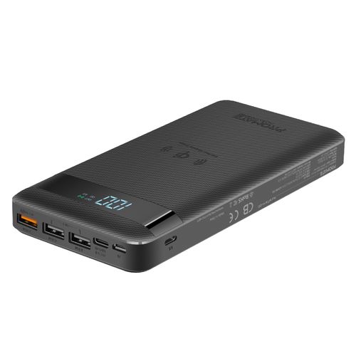 Promate USB-C Qi Power Bank, Qi-Certified 10W Fast Wireless 20000mAh Battery Charger with 18W