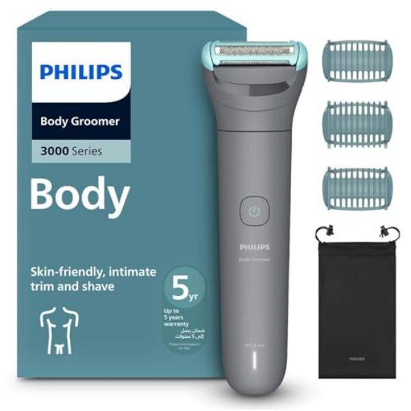 Philips 3000 Series Body Groomer,Triple Protect shave system,Click-on combs 2,3,5 for trimming hair,travel pouch-BG3485/15