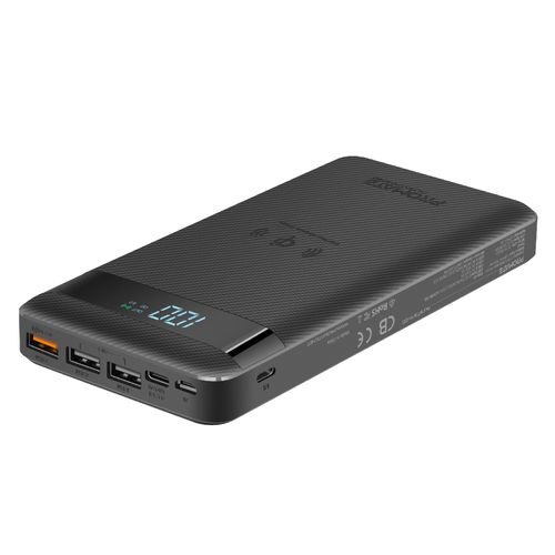 Promate USB-C Qi Power Bank, Qi-Certified 10W Fast Wireless 20000mAh Battery Charger with 18W